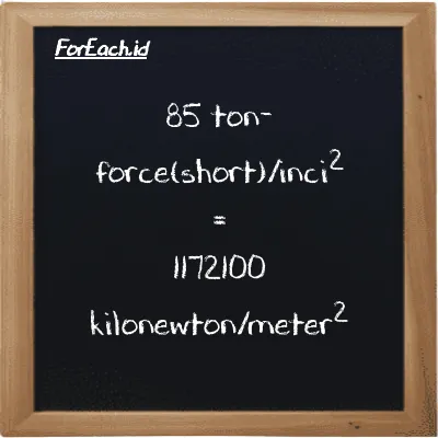 Cara konversi ton-force(short)/inci<sup>2</sup> ke kilonewton/meter<sup>2</sup> (tf/in<sup>2</sup> ke kN/m<sup>2</sup>): 85 ton-force(short)/inci<sup>2</sup> (tf/in<sup>2</sup>) setara dengan 85 dikalikan dengan 13790 kilonewton/meter<sup>2</sup> (kN/m<sup>2</sup>)